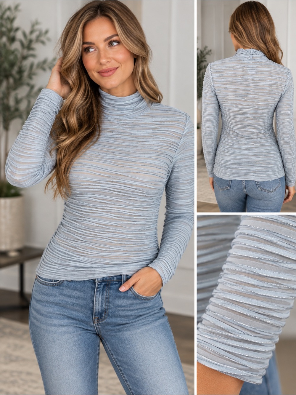 Anthropologie Pilcro Metallic
Textured Turtleneck Top Light Blue
Y2K Size Small
